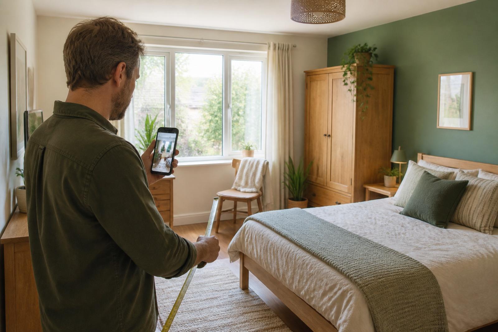 Householder measuring and photographing a bright furnished room in an Irish home