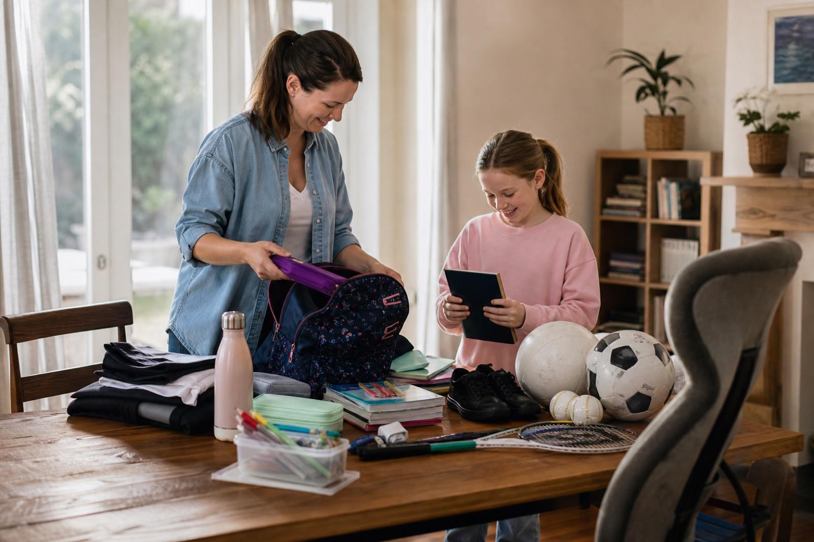 Parent and child sorting second-hand school supplies and sports equipment at home