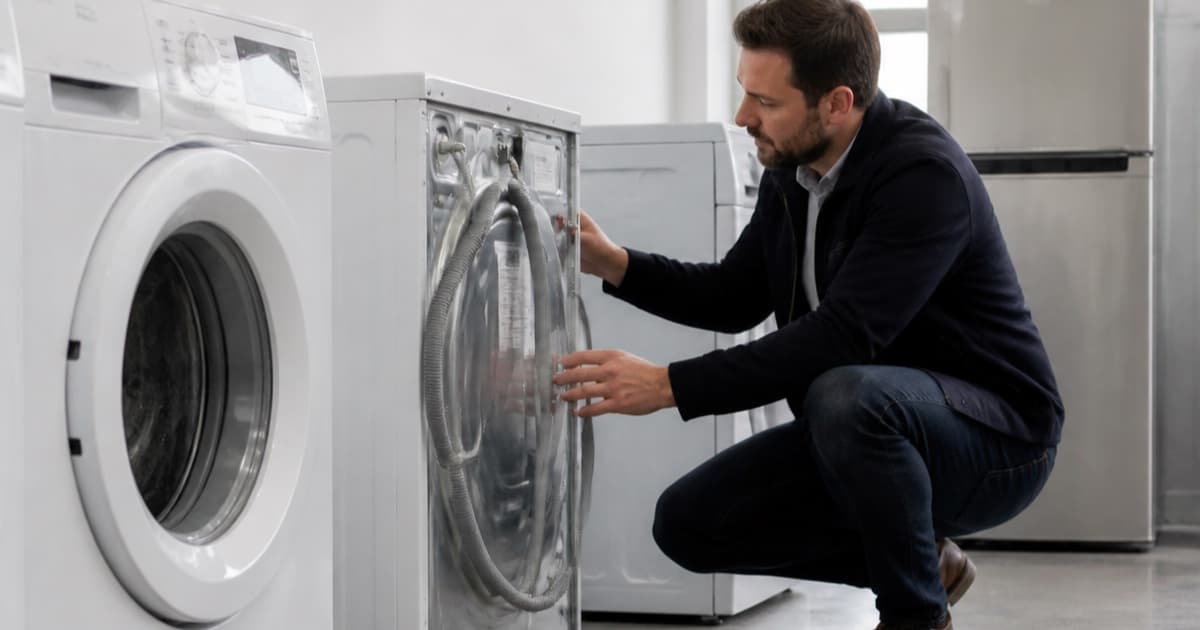 Second-hand washing machine, fridge and dryer being inspected