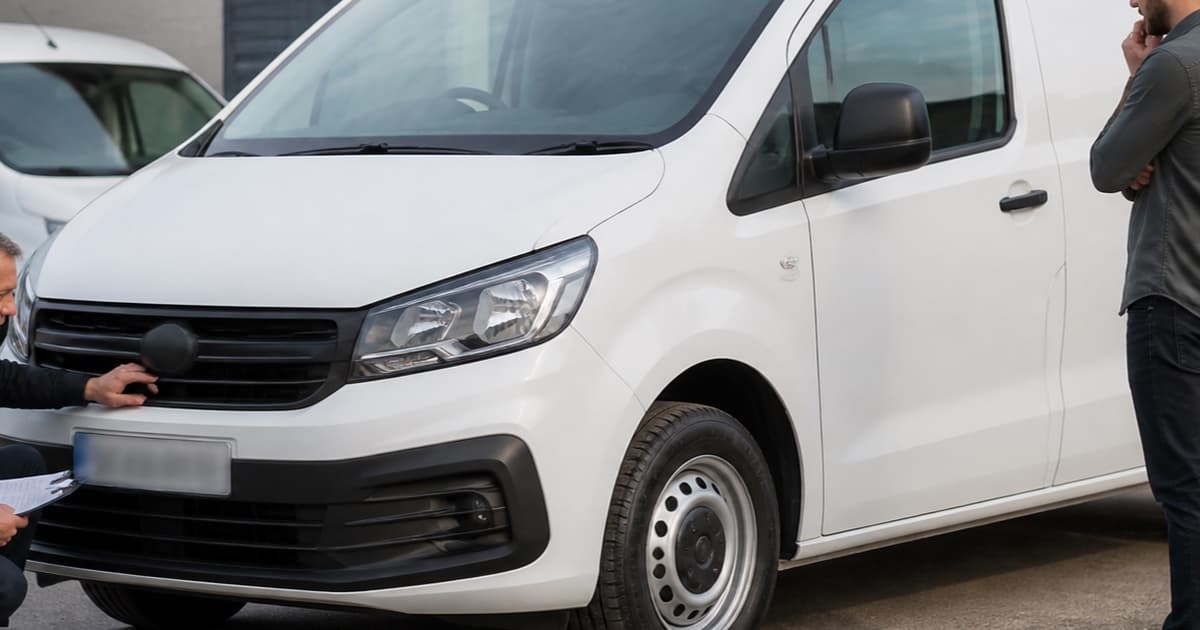 Buyer and mechanic inspecting a used commercial van