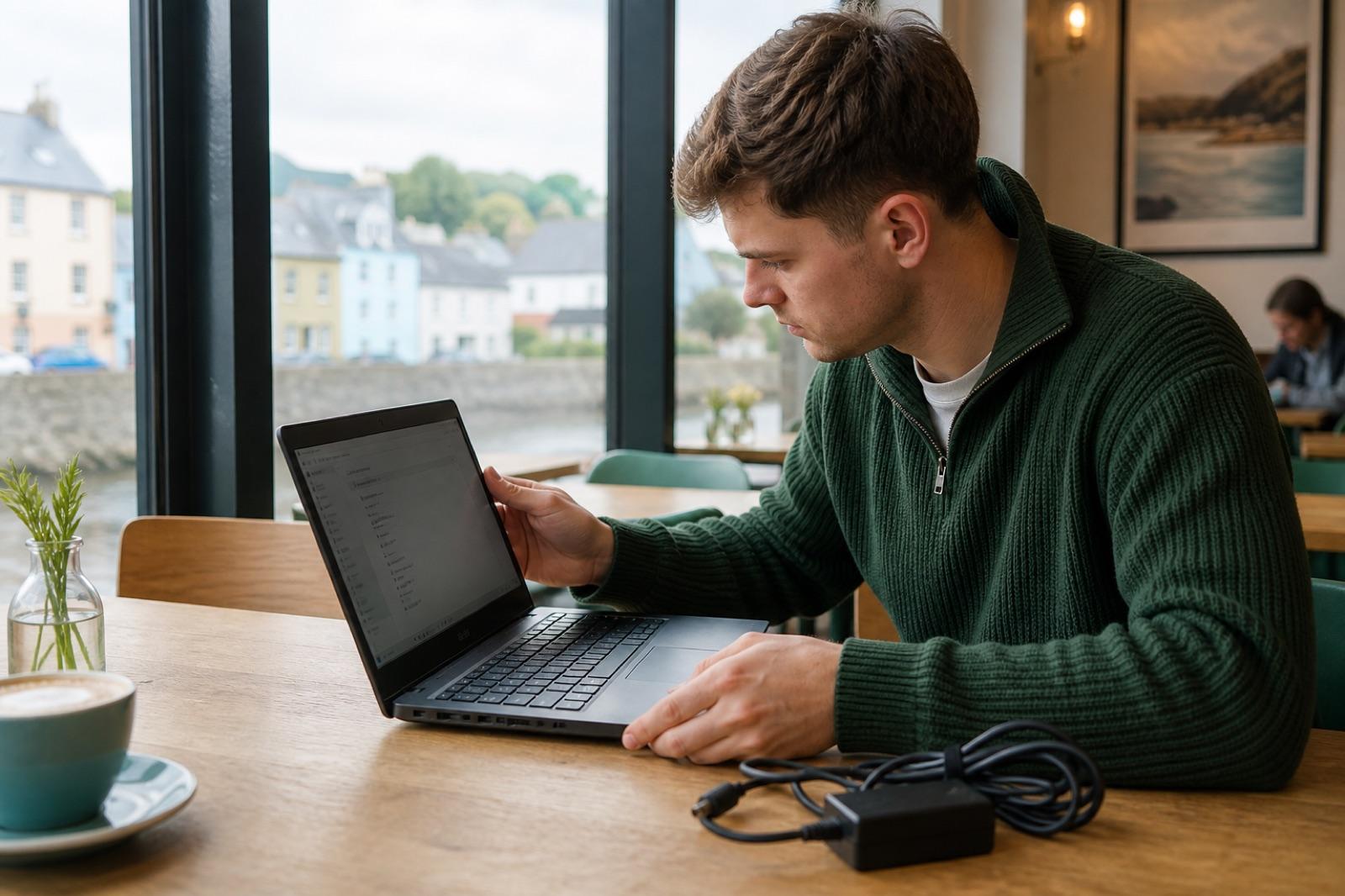 Buyer inspecting a pre-owned laptop and charger at a cafe table