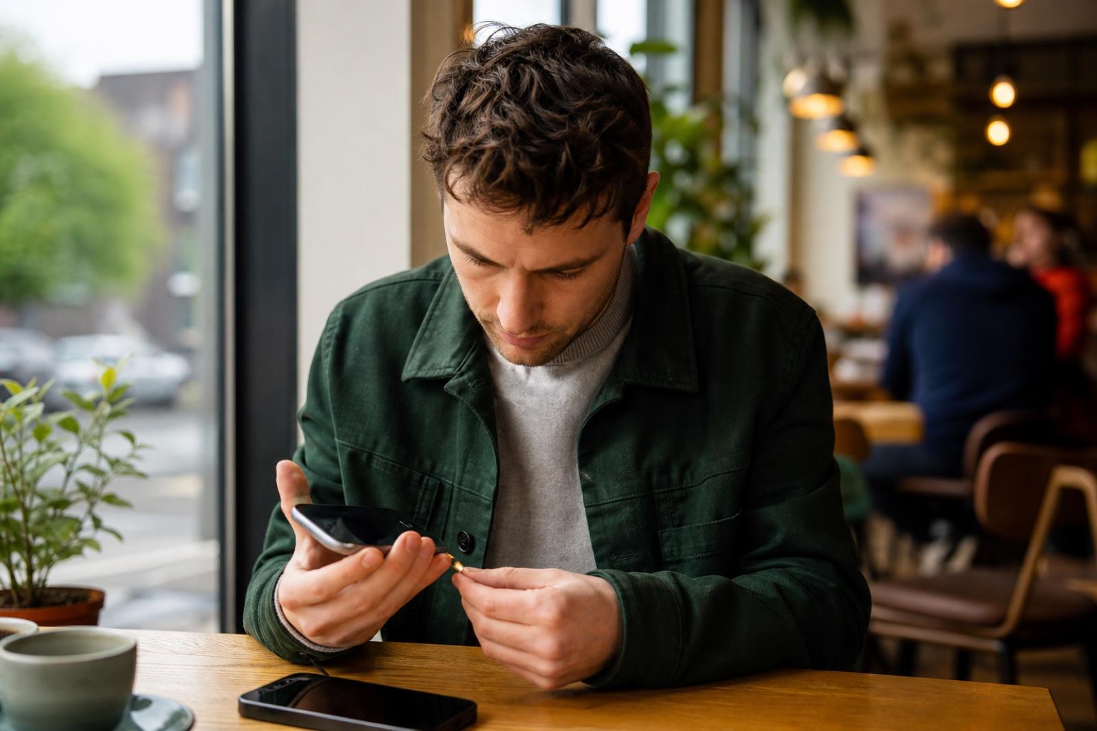 Buyer carefully inspecting a second-hand smartphone at a cafe table