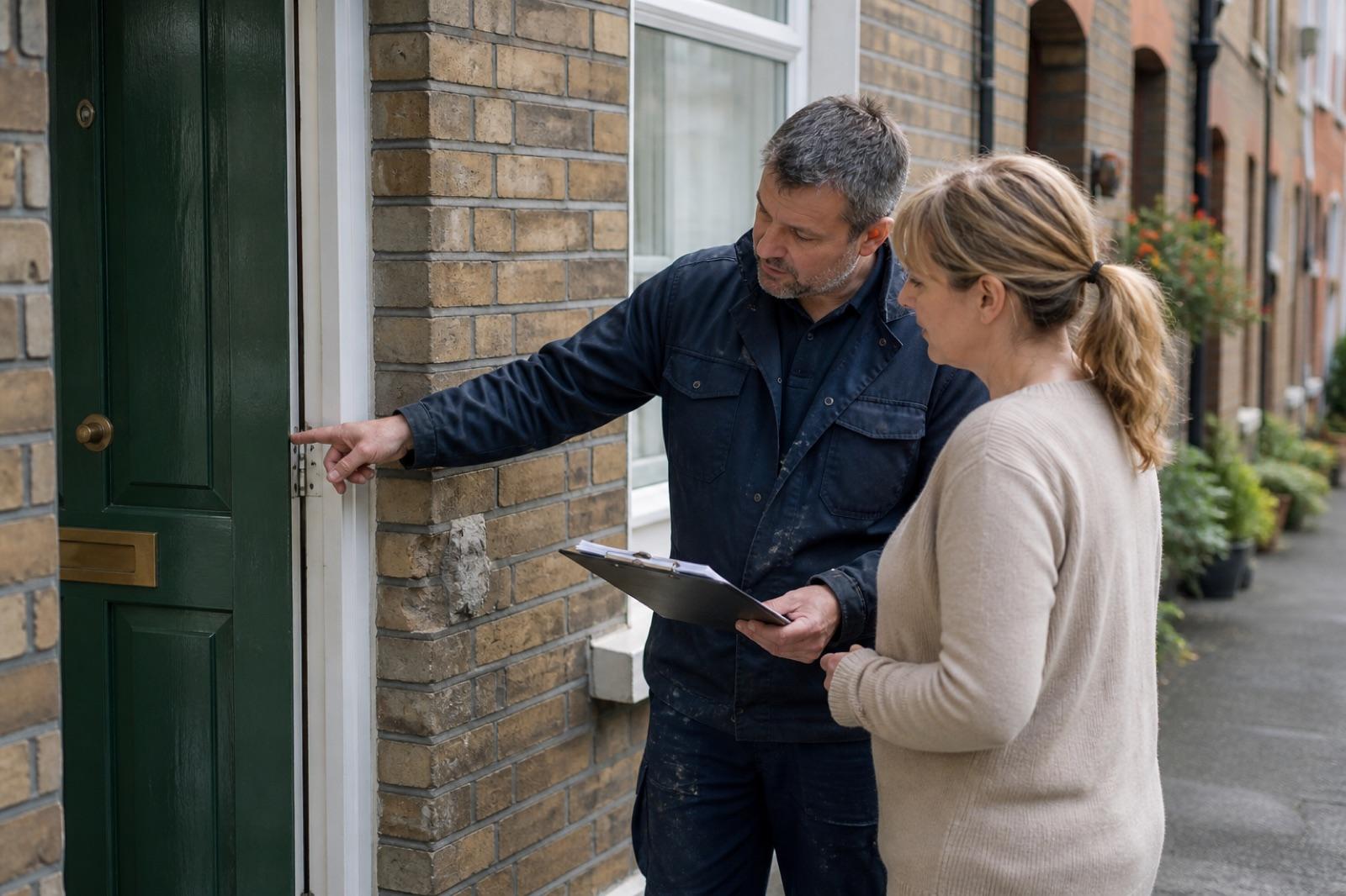Homeowner reviewing a written repair quote with a local tradesperson