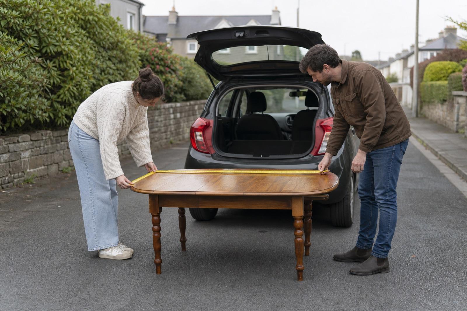 Two people measuring a wooden table beside a car before collection