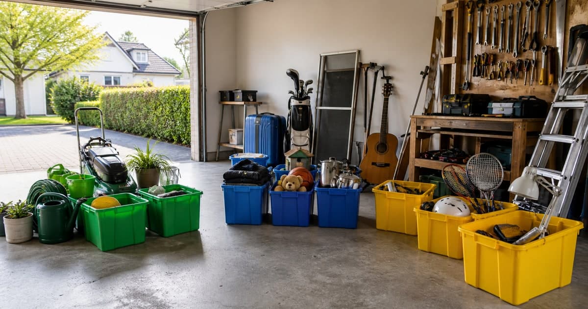 Irish garage clear-out with tools and equipment sorted into labelled sale groups
