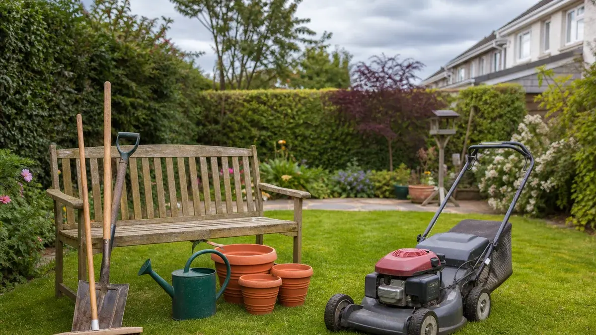 Used garden tools, lawn mower, pots and outdoor bench in an Irish garden