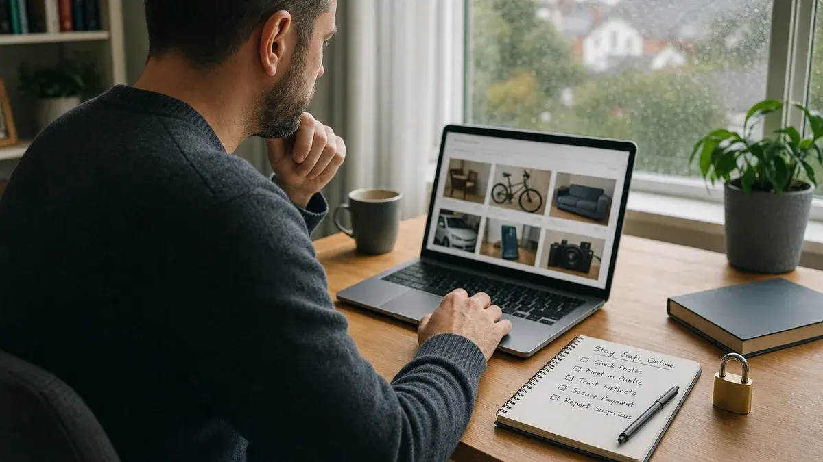 Marketplace user reviewing listing safety checks at a home office desk