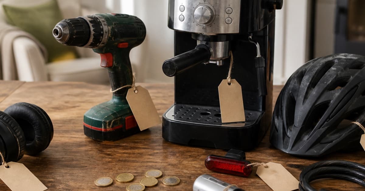 Used goods with blank price tags and euro coins