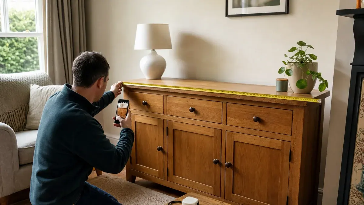 Seller measuring and photographing a second-hand wooden sideboard