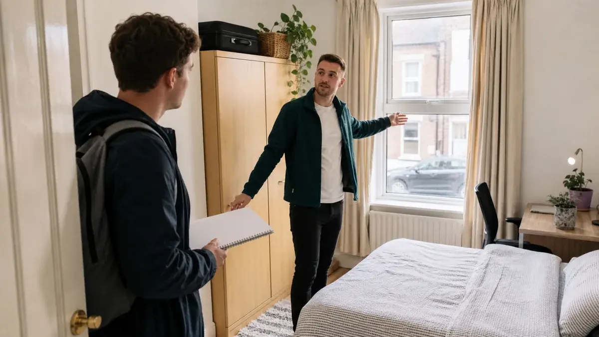 Prospective renter viewing a furnished room and asking practical questions