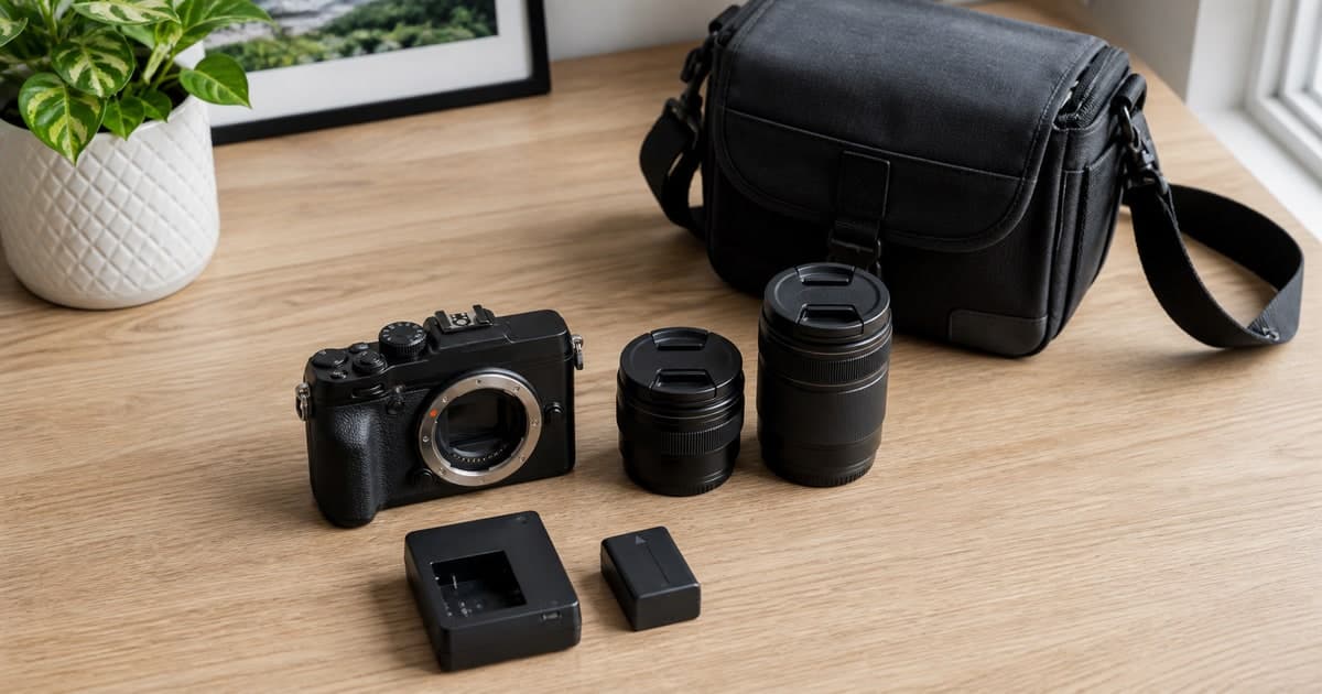 Camera body, lens and accessories arranged on a desk for a classified ad