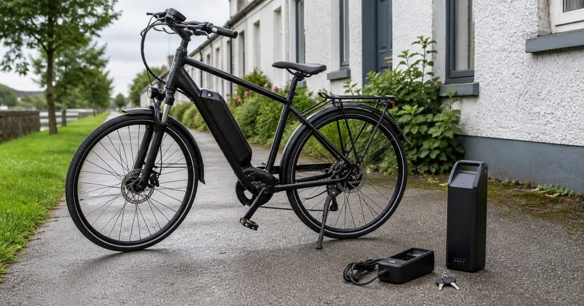 Clean electric bicycle, battery and charger photographed for sale in Ireland