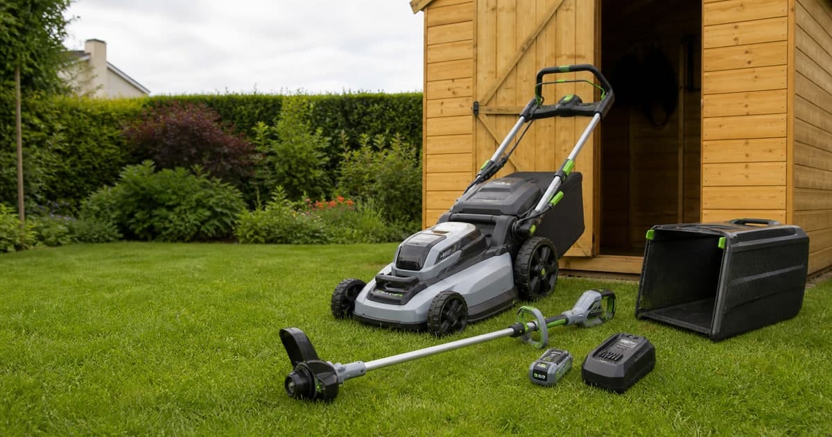 Lawn mower and garden tools cleaned and arranged outside an Irish shed