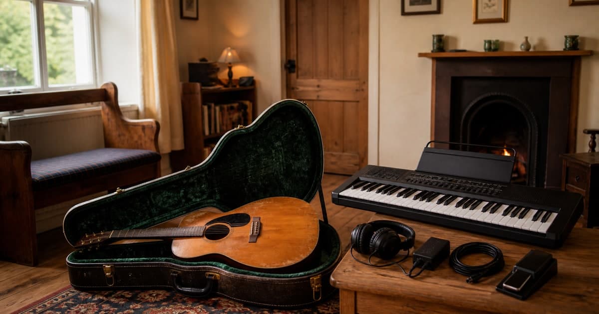 Guitar and keyboard photographed in a bright Irish music room for sale