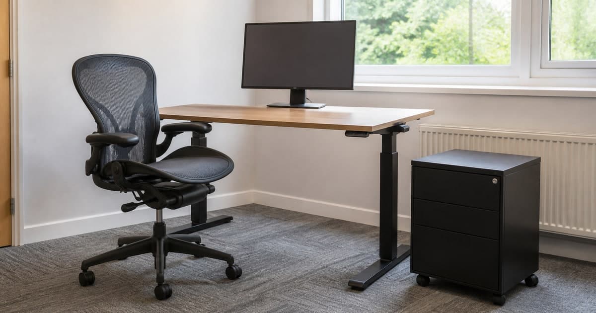 Used office desk, ergonomic chair and monitor prepared for resale