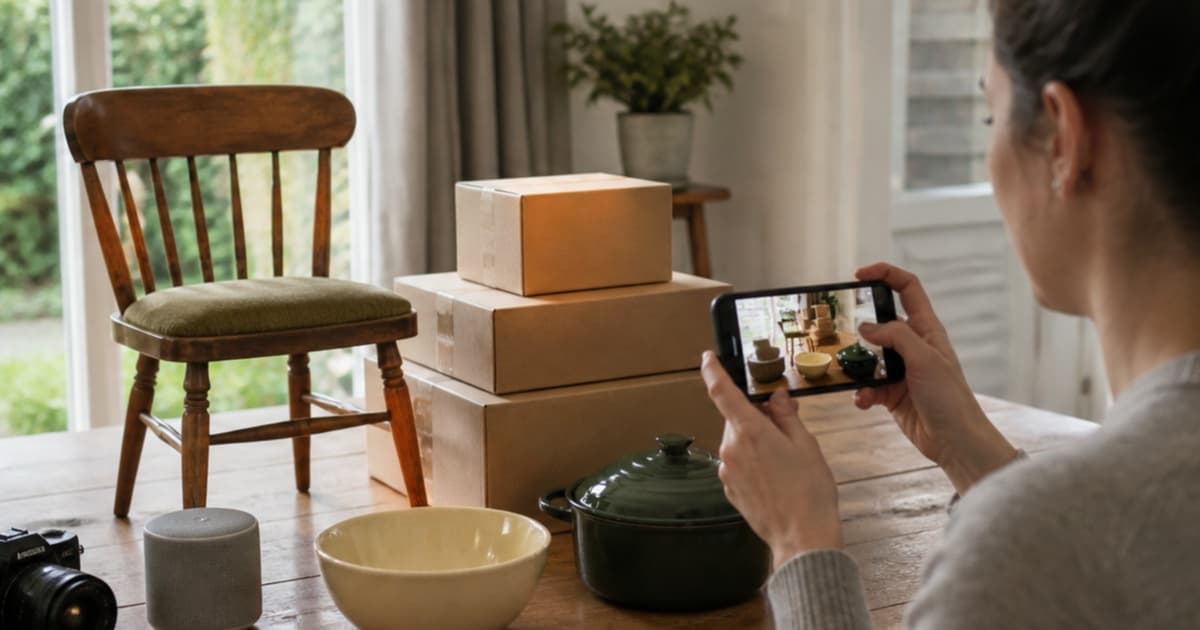 Second-hand household items being photographed for an online listing