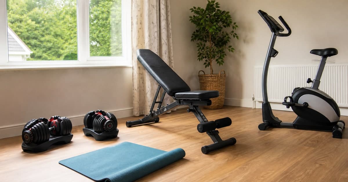 Weights, exercise bench and sports equipment organised for a local sale