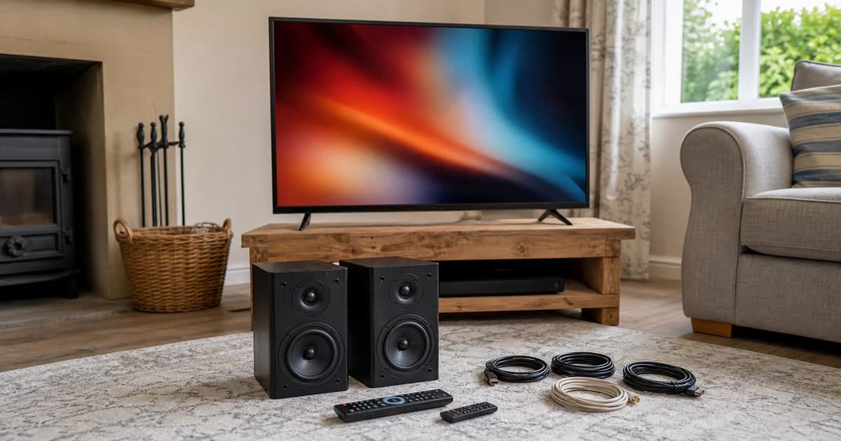Television, speakers and remote controls prepared for a local sale