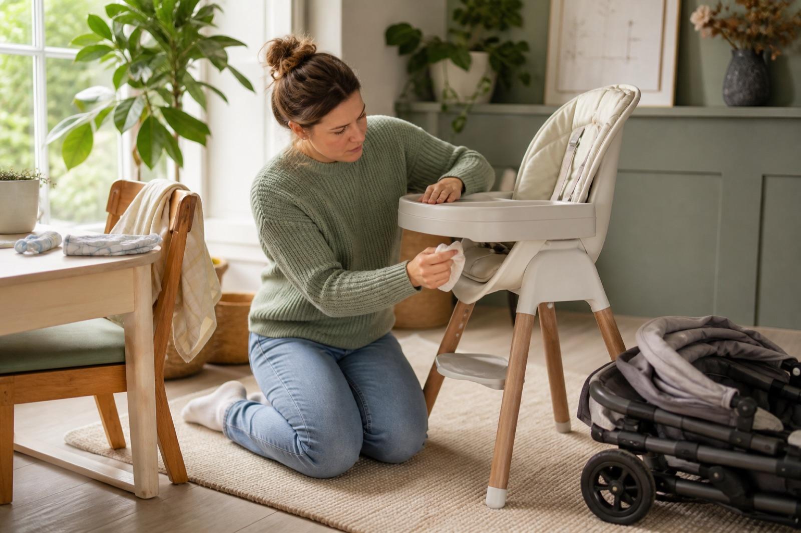 Parent checking labels and condition on cleaned pre-owned baby equipment