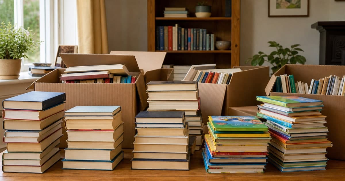 Organised stacks of used books photographed for sale in Ireland