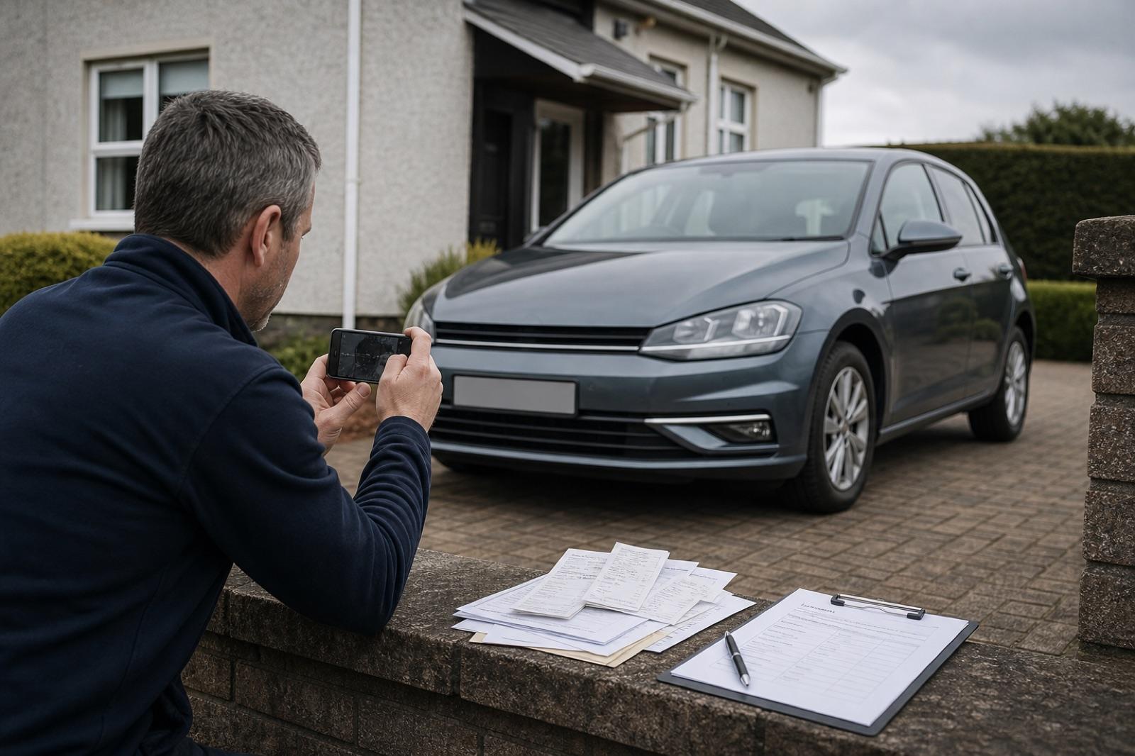 Private seller photographing a used car with maintenance records on a clipboard