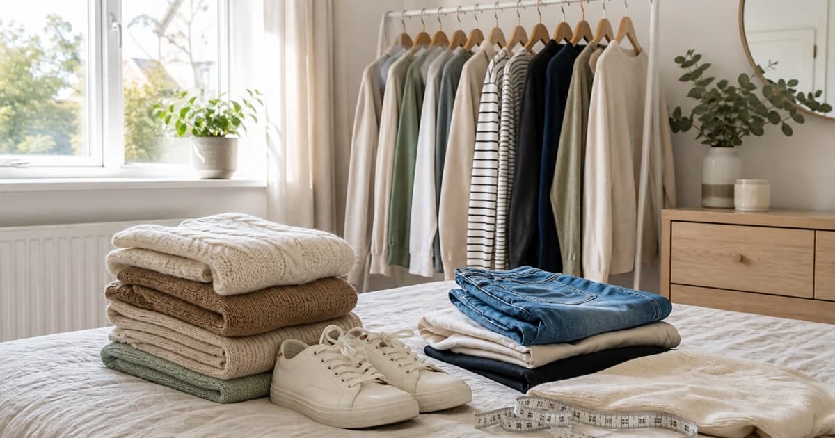 Second-hand clothes and shoes neatly arranged for an Irish fashion listing