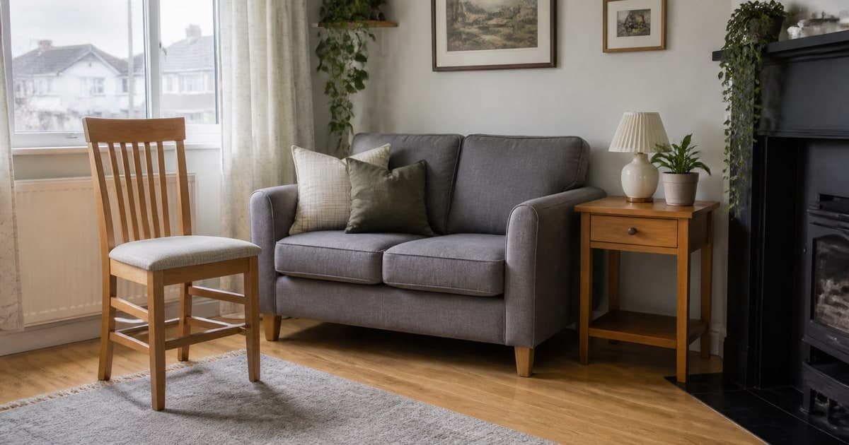 Bright Irish sitting room with clean used furniture prepared for sale