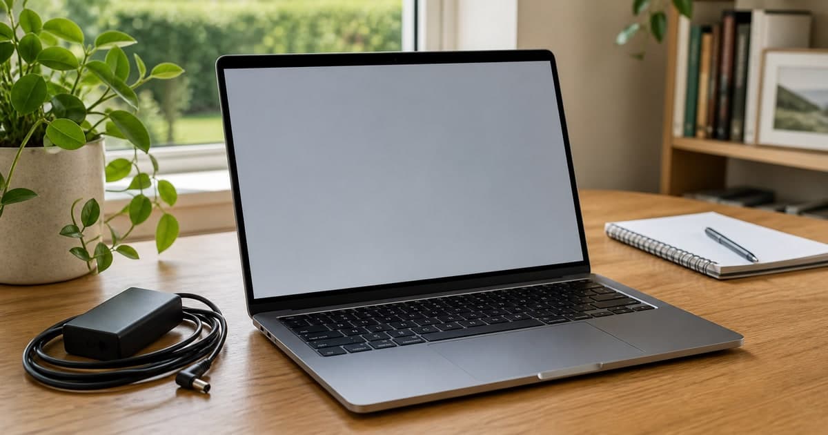 Clean used laptop and charger on a desk ready to be listed for sale