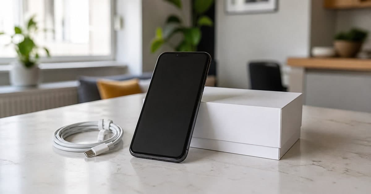 Used smartphone, charging cable and box arranged for an Irish classified listing