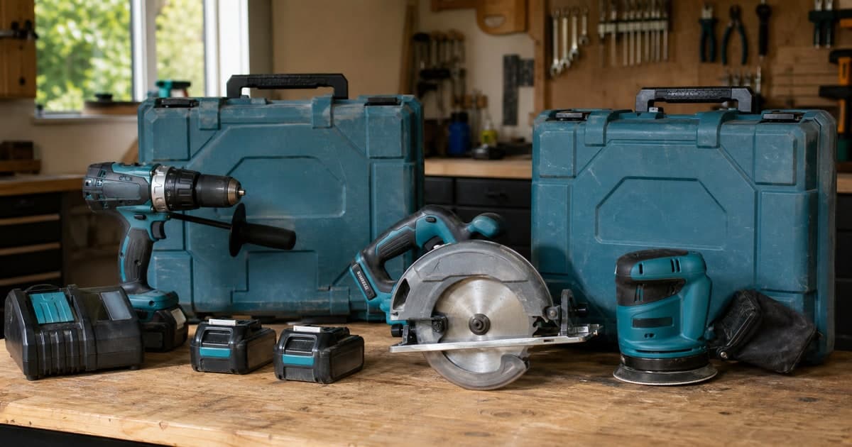 Clean used power tools, batteries and cases arranged on a workshop bench