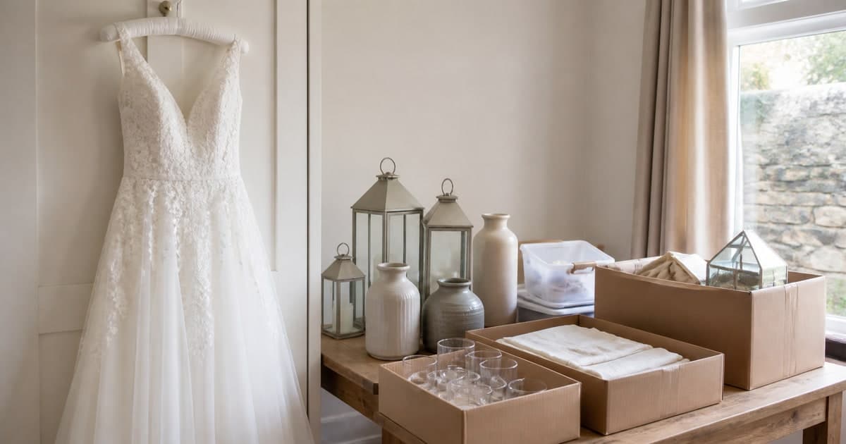 Wedding dress and reusable reception décor prepared for resale in Ireland