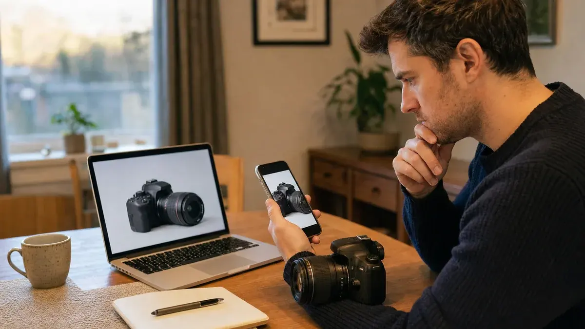 Buyer comparing identical camera listing photographs across two devices