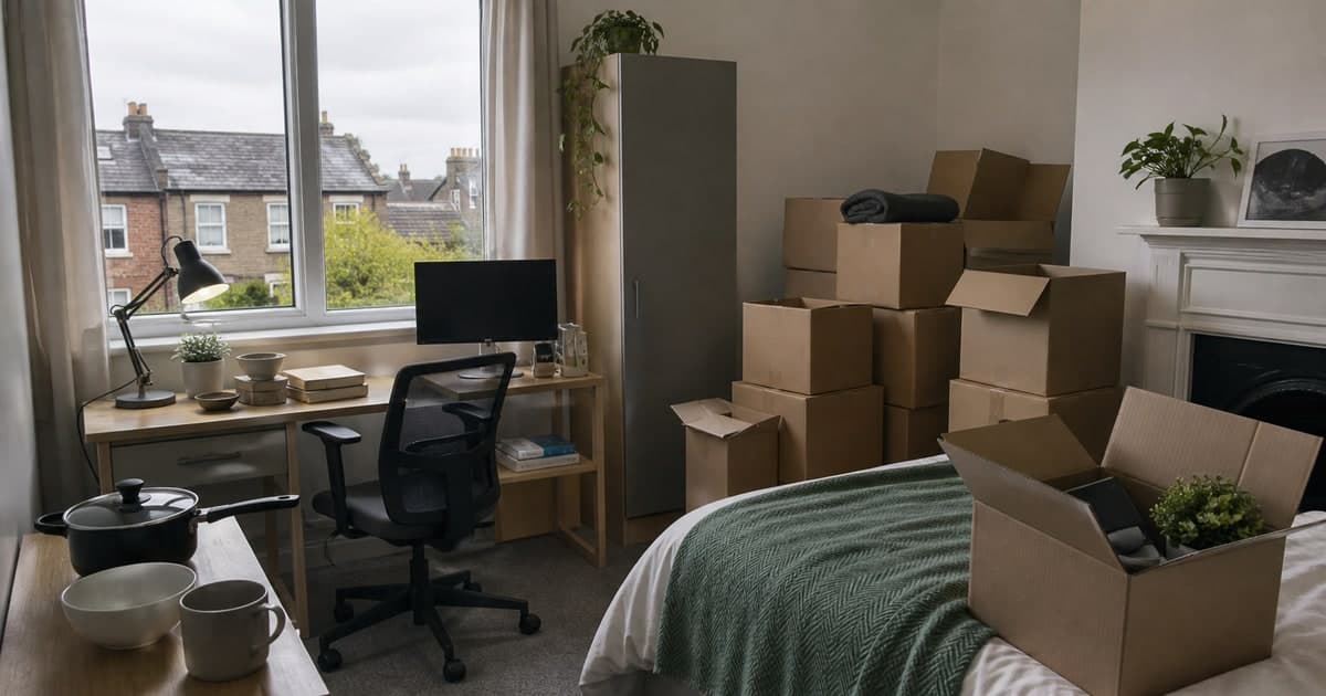Student room in Ireland with labelled boxes and belongings ready to sell