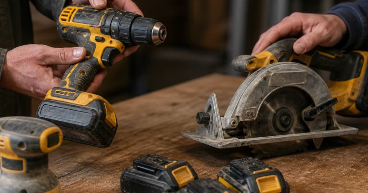 Cordless power tools and batteries being inspected on a workbench