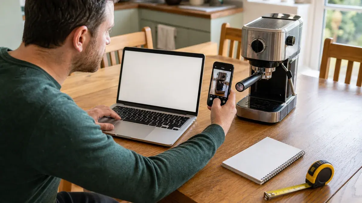 Seller photographing a coffee machine while preparing its online listing