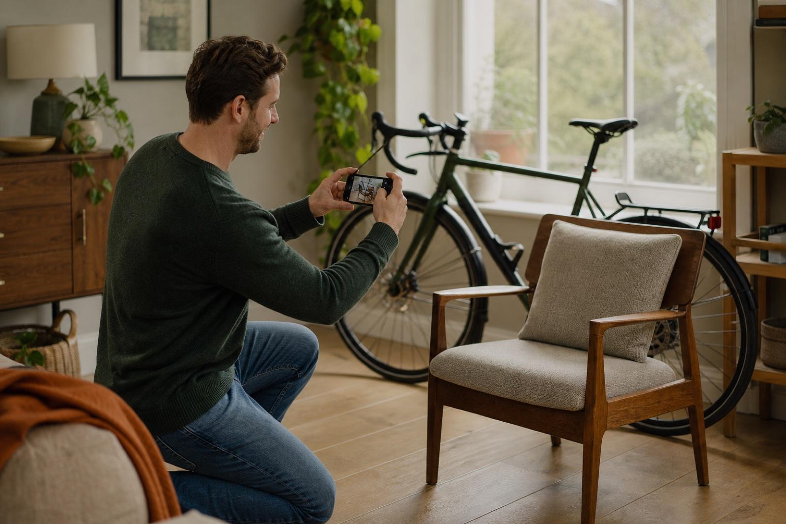 A seller photographing a bicycle and armchair for a local listing