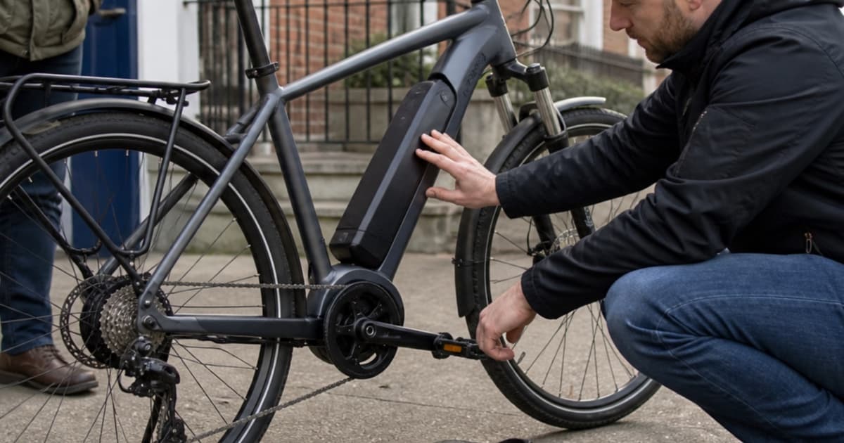 Second-hand electric bicycle being inspected in an Irish neighbourhood