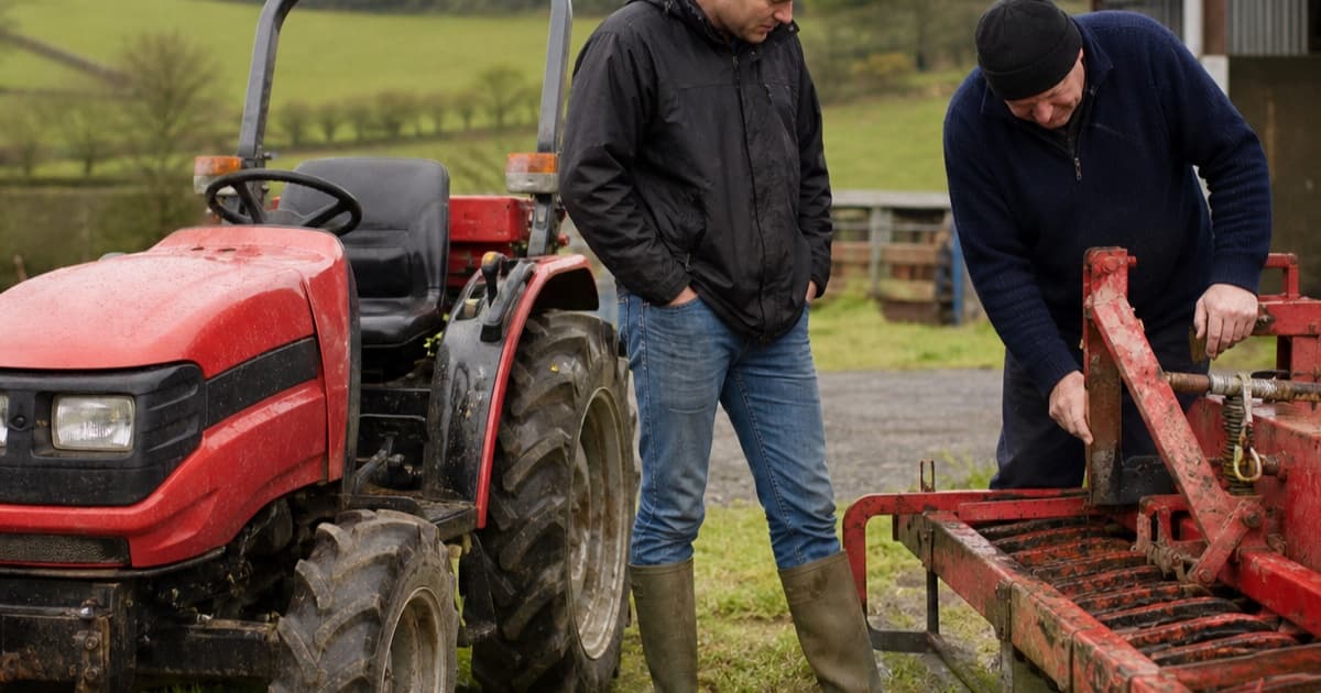 Farmers inspecting a tractor and implement in an Irish farmyard