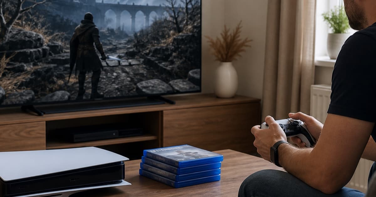Used game console and controller being tested in a living room