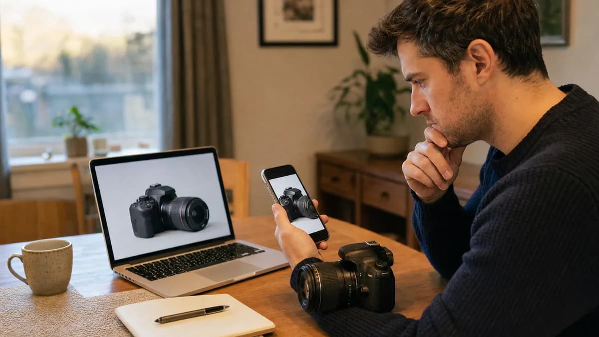 Buyer comparing identical camera listing photographs across two devices