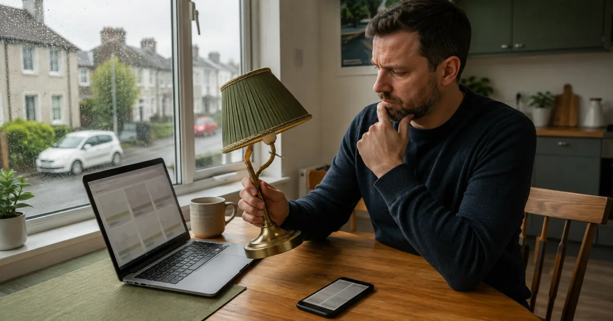 Irish seller comparing online marketplace options while holding a second-hand table lamp