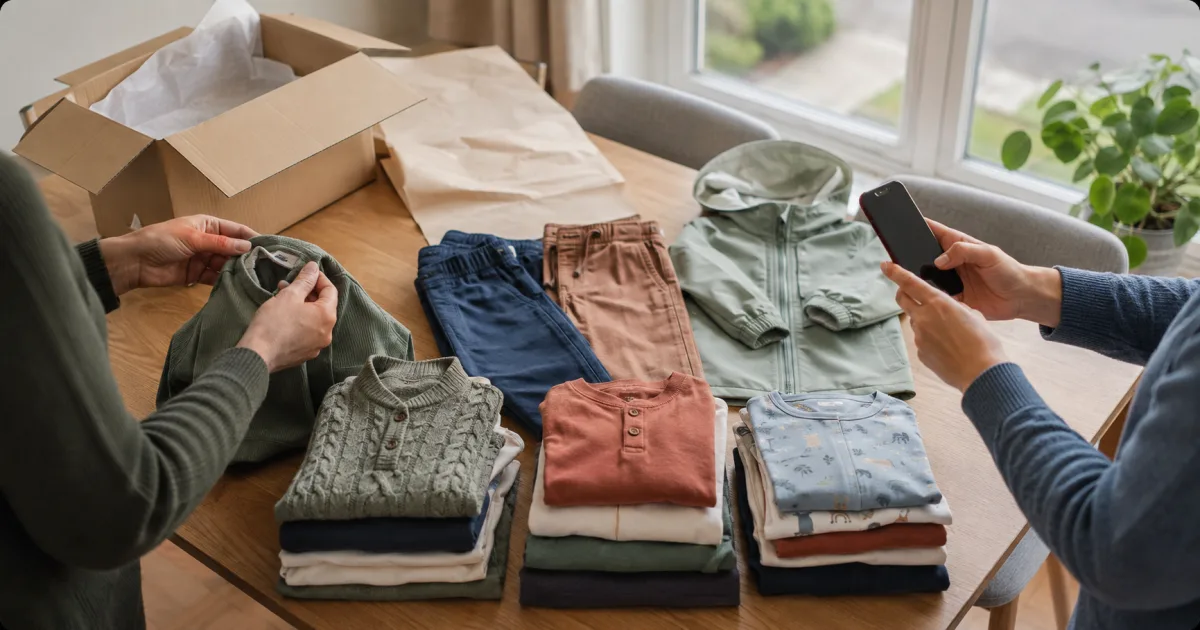 Adults inspecting and photographing three organised bundles of second-hand children’s clothes for sale in Ireland