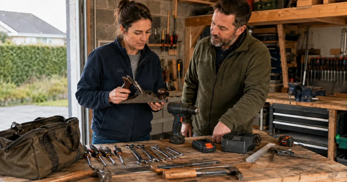 Buyer and seller inspecting second-hand hand tools and a cordless drill in an Irish workshop