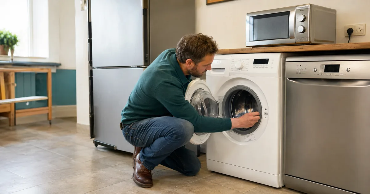 Buyer inspecting the door seal of a second-hand washing machine before purchase in Ireland