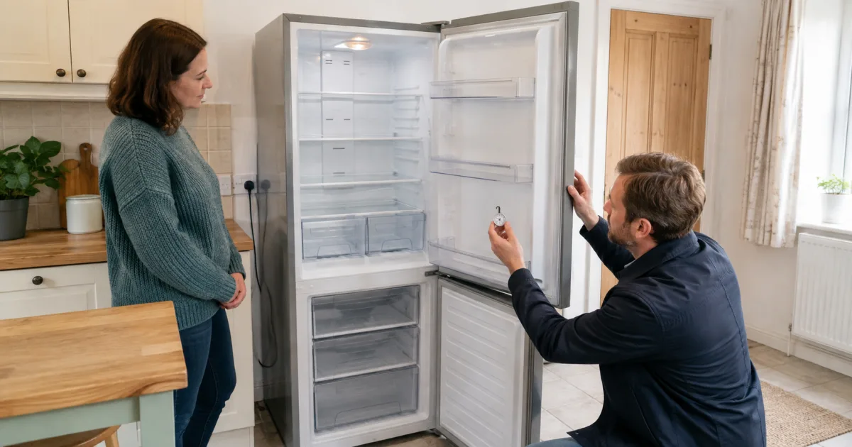 Buyer using a fridge thermometer while inspecting an open second-hand fridge freezer in an Irish kitchen