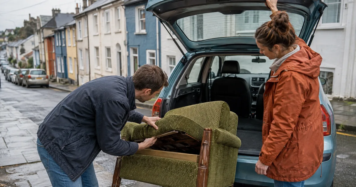 Cork buyers inspecting a green second-hand armchair beside a hatchback on a sloping residential street