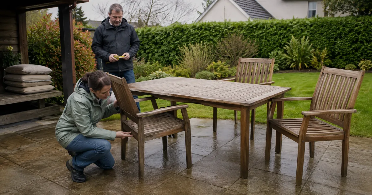 Buyer inspecting the joints of a weathered wooden garden chair beside a matching patio table in an Irish back garden