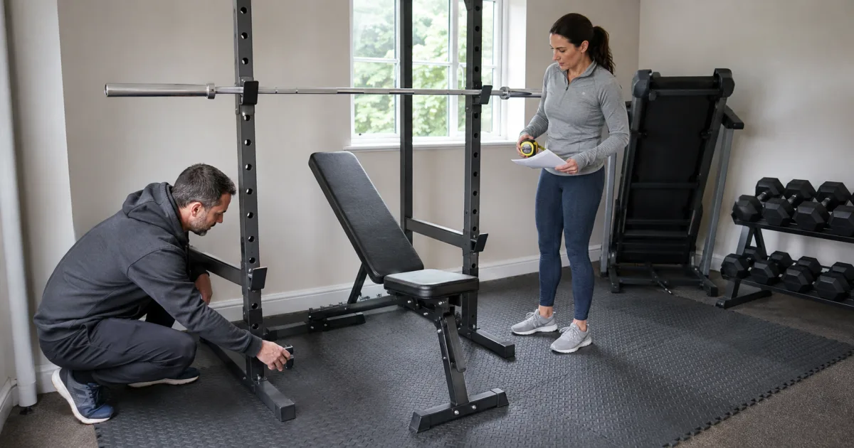 Buyer inspecting a locking pin on a second-hand weight bench and rack in a bright Irish home gym