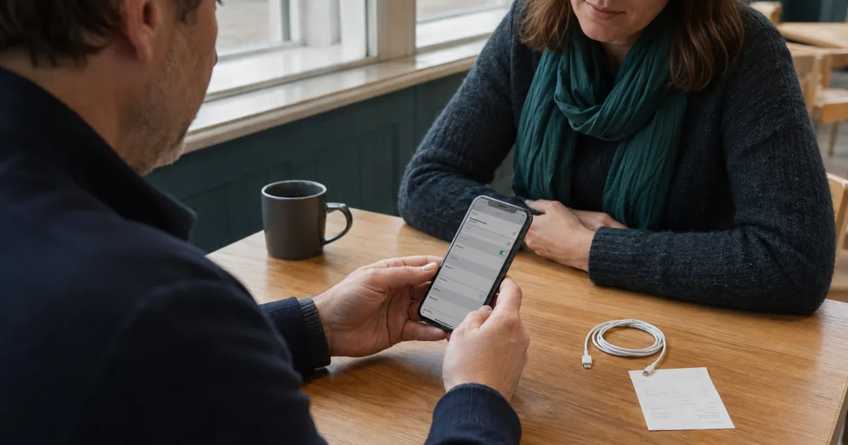 Buyer inspecting a pre-owned smartphone with the seller at a public meeting place in Ireland