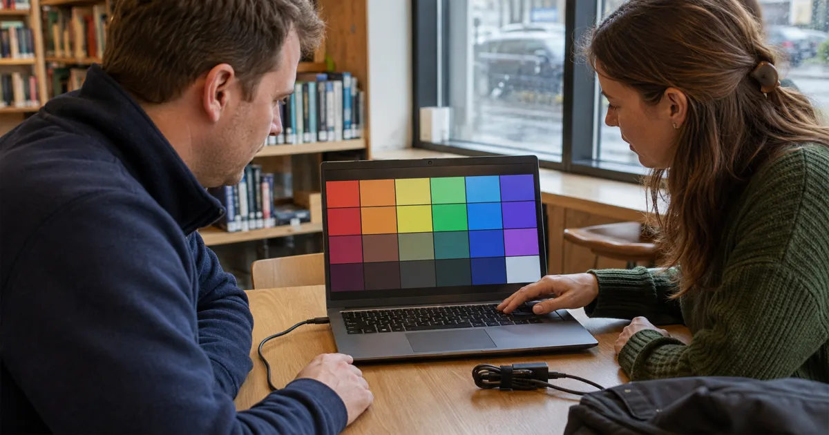 Buyer testing the screen, keyboard and charger of a second-hand laptop with the seller in Ireland